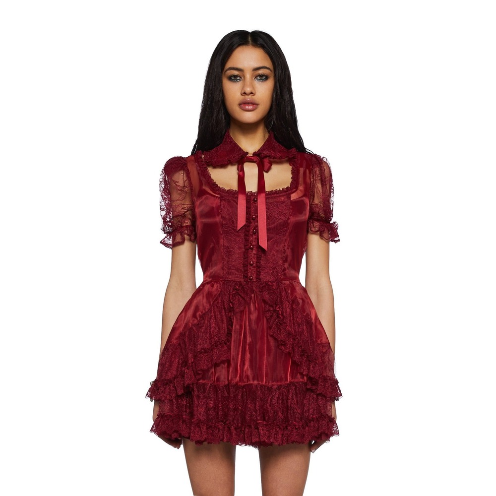 Current Mood pretty Imperfect Mini Dress Women L Red Lace Ruffle Goth Coquette